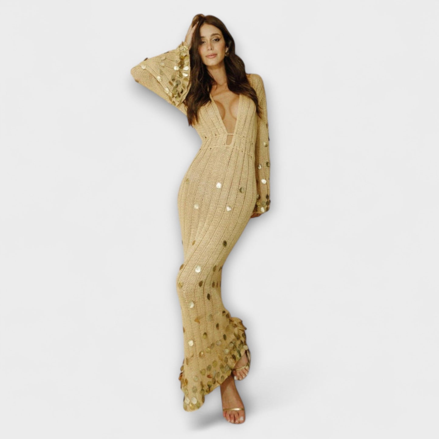 Kathleen Gold Knit Maxi Dress for Chic Events