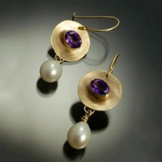 Gold and Purple Zirconia Pearl Earrings