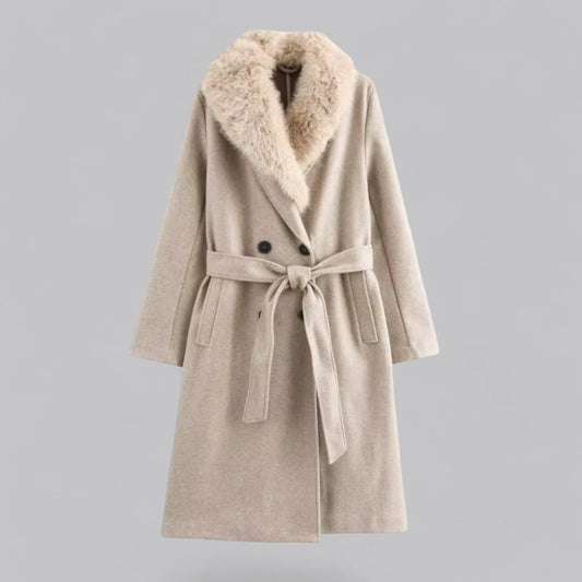 Chic Beige Double-Breasted Trench Coat with Faux Fur Collar for Stylish Outings