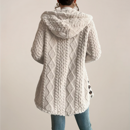 Women’s Cream Jacquard Hooded Coat - Cozy All-Season Jacket