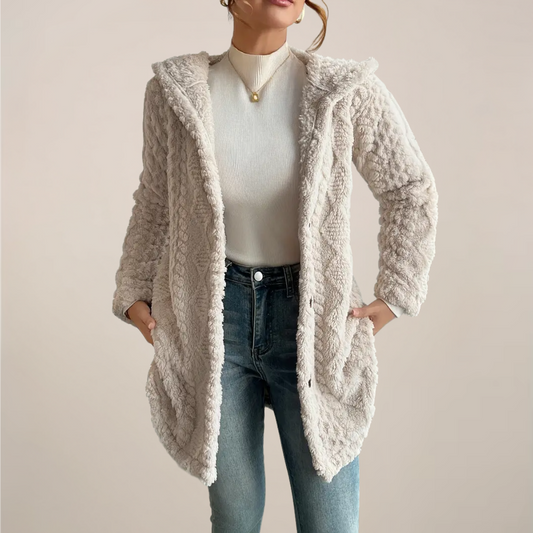 Women’s Cream Jacquard Plush Hooded Jacket for All Seasons