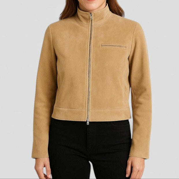 Chic Suede-Style Cropped Jacket with Zipper