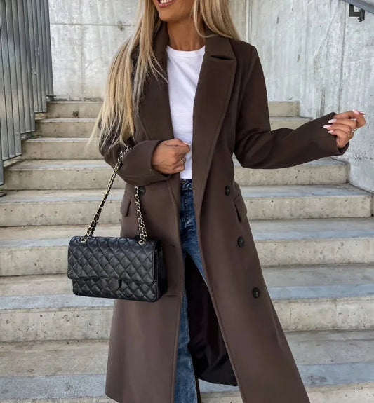 Chic Women’s Long Double-Breasted Winter Coat - Stylish Belted Overcoat