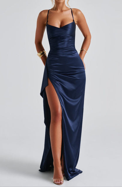 Navy Blue Spaghetti Strap Maxi Dress for Evening Events