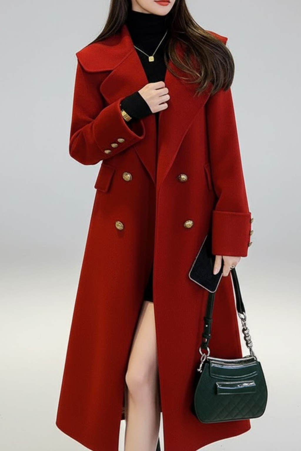 Women’s Red Double-Breasted Long Trench Coat – Stylish Winter Outerwear